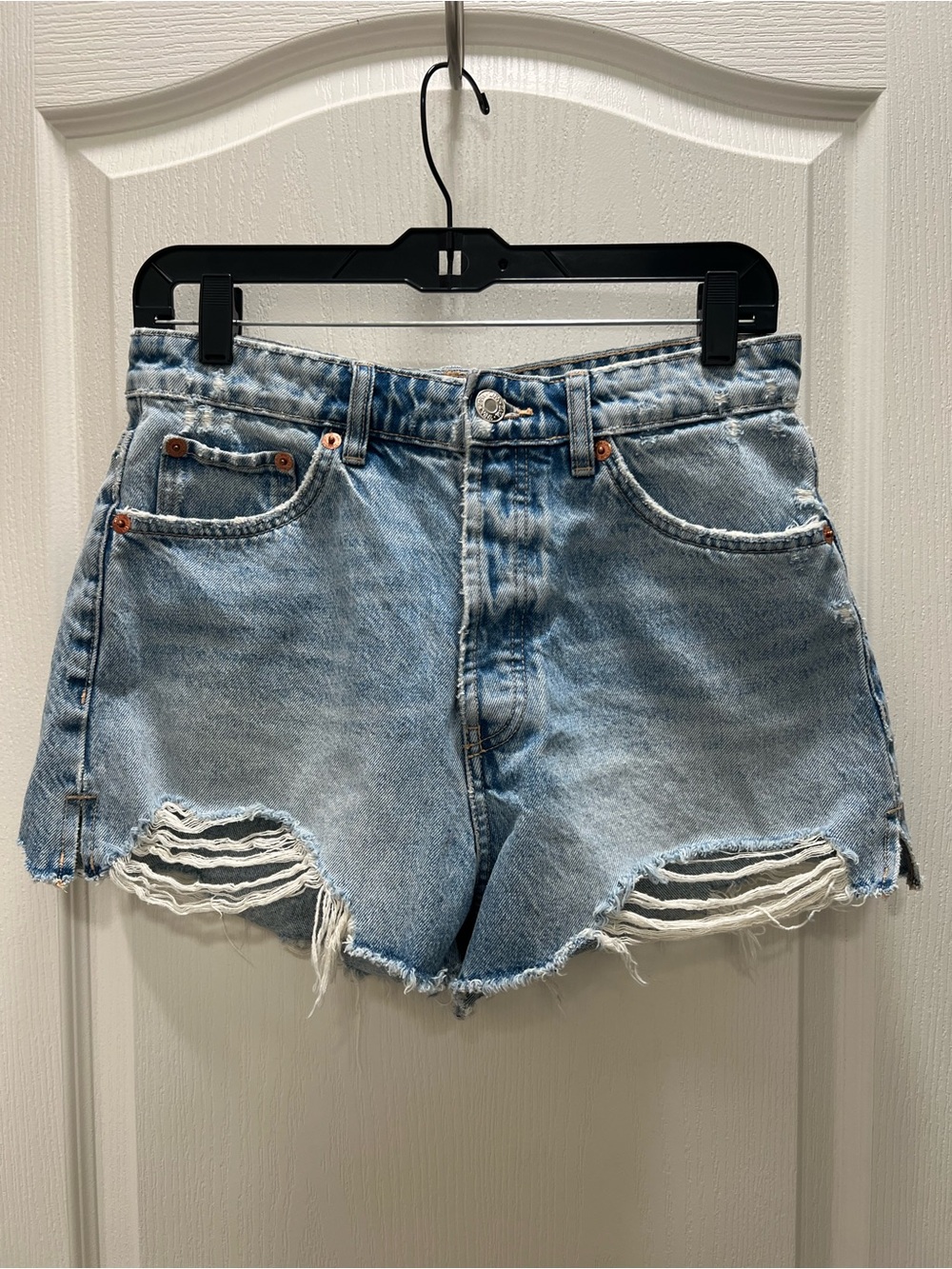 Zara Light Blue Distressed High-Rise Denim Shorts